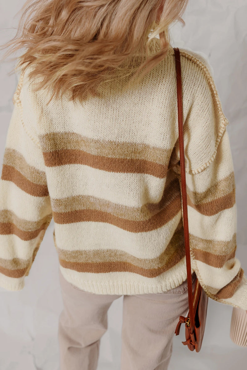 Load image into Gallery viewer, DLLS924 - Ladies Khaki Stripe Exposed Seam Drop Shoulder Knit Baggy Sweater
