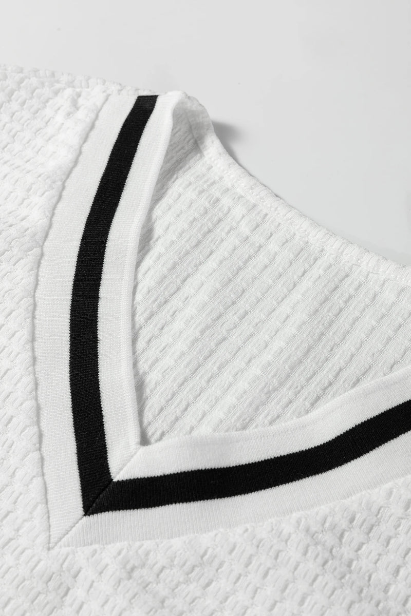 Load image into Gallery viewer, DLLS331 - Ladies White Textured Knit Preppy Striped Trim V Neck Pullover Waffle Top
