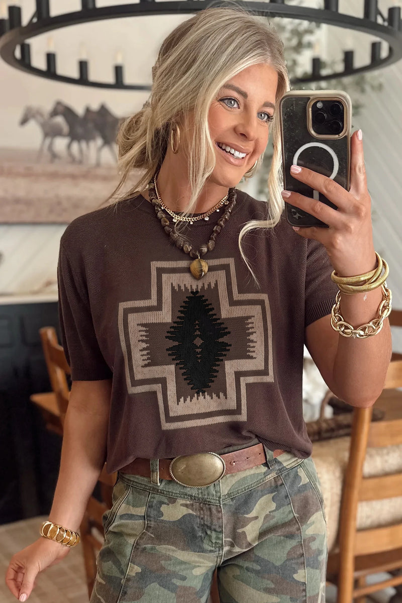 Load image into Gallery viewer, DLLS654 - Ladies Brown Short Sleeve Western Print T-Shirt Shift Silhouette Knit Top
