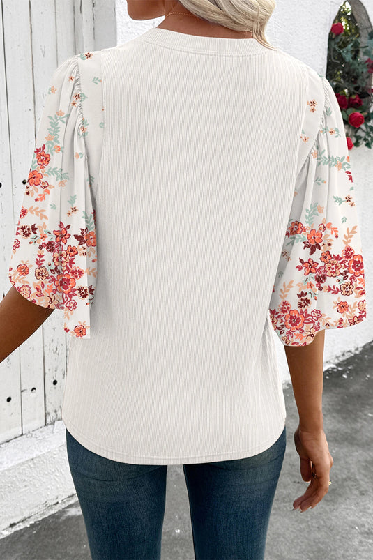 DLLS514 - Ladies White Ribbed Texture Floral Print Half Sleeve Patchwork Top