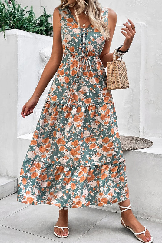 DLLS586 - Ladies Green Floral Print Trimmed V Neck Tie Waist Sleeveless Long Dress