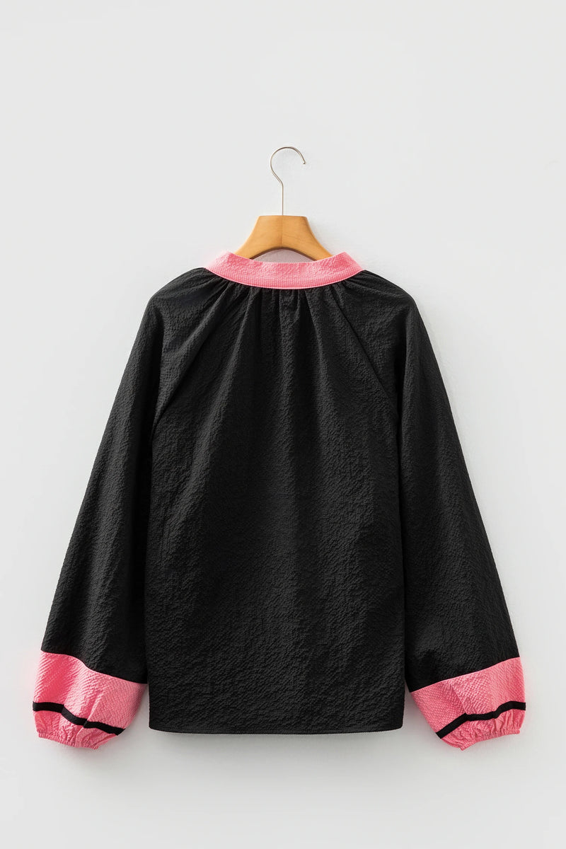 Load image into Gallery viewer, DLLS434 - Ladies Black Color Block Patchwork Detail V Neck Textured Long Sleeve Blouse
