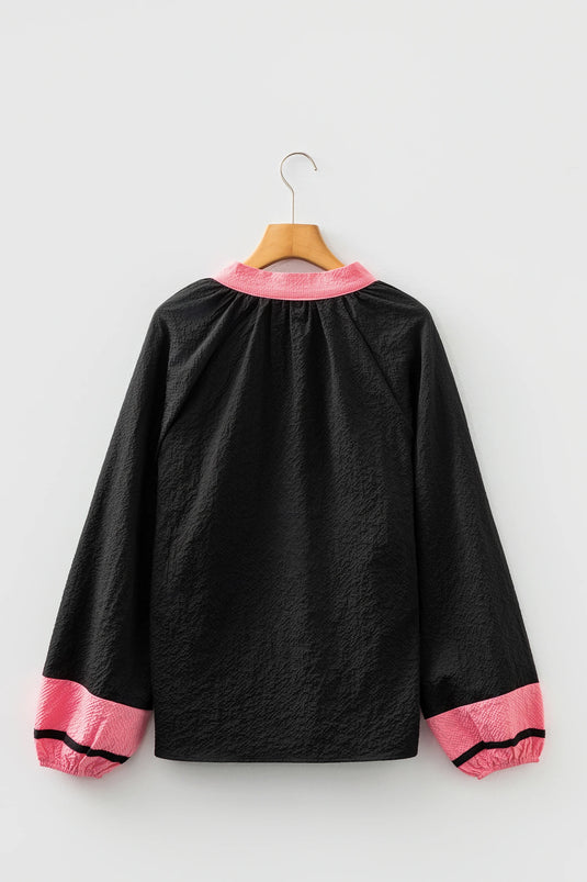 DLLS434 - Ladies Black Color Block Patchwork Detail V Neck Textured Long Sleeve Blouse