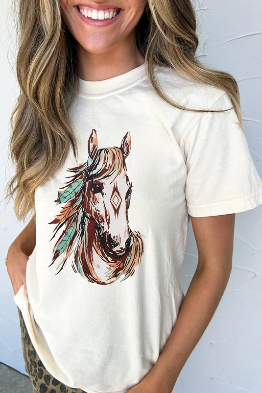 DLLS748 - Ladies White Western Aztec Horse Graphic Crewneck Tee
