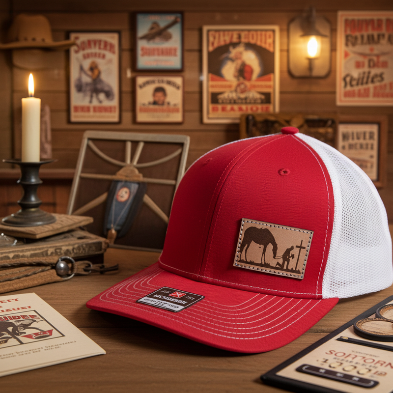 Load image into Gallery viewer, CP103 - Cowboy Prayer Leather Patch Red/White Cap
