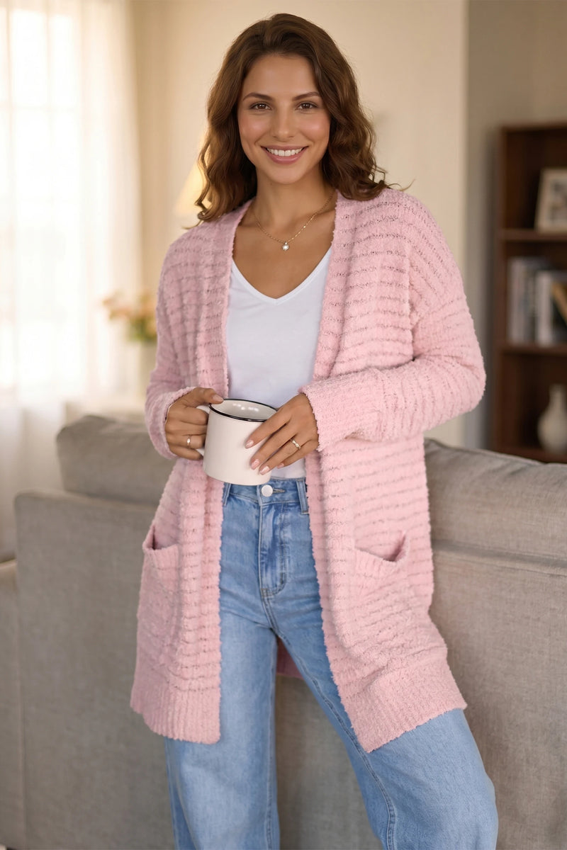 Load image into Gallery viewer, DLLS857 - Ladies Light Pink Open Front Soft Fuzzy Ribbed Sweater Cardigan
