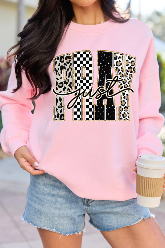 DLLS999 - Ladies Pink Just PRAY Unique Letter Graphic Round Neck Pullover Sweatshirt