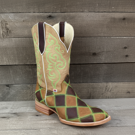 1208 - RockinLeather Men's Patchwork w/Green Stitching Western Boot