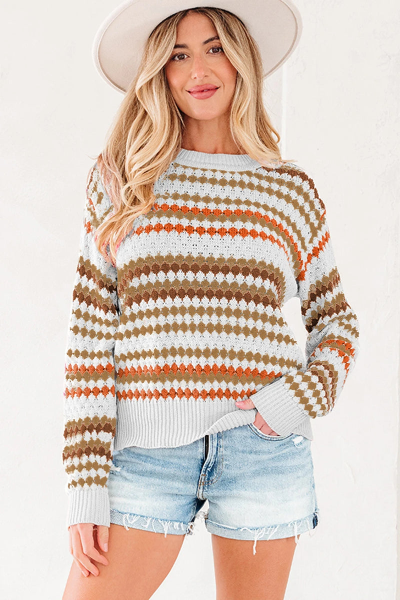 Load image into Gallery viewer, DLLS300 - Ladies Brown Stripe Eyelet Patterned Drop Shoulder Sweater
