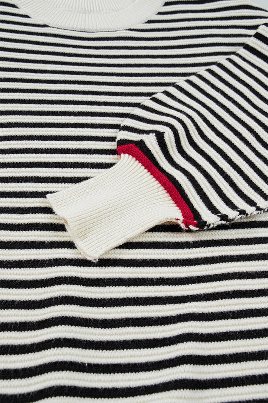 DLLS1082 - Ladies Black Stripe Ribbed Trim Drop Shoulder Oversized Sweater