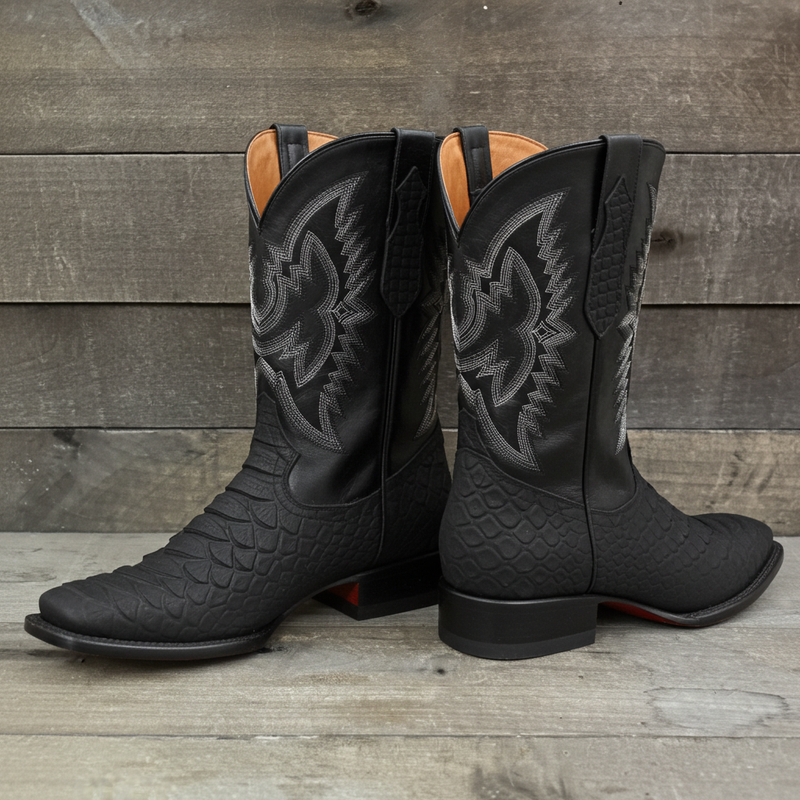Load image into Gallery viewer, CP1701 - Cowboy Prayer Hand Crafted Black Python Print Cowboy Boots
