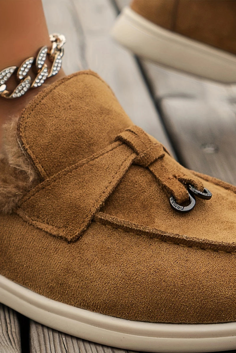 Load image into Gallery viewer, DLLSHOE 203 - Chestnut Suede Furry Lined Slip on Flat Shoes
