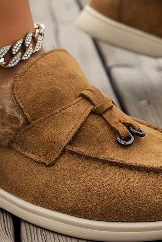 DLLSHOE 203 - Chestnut Suede Furry Lined Slip on Flat Shoes