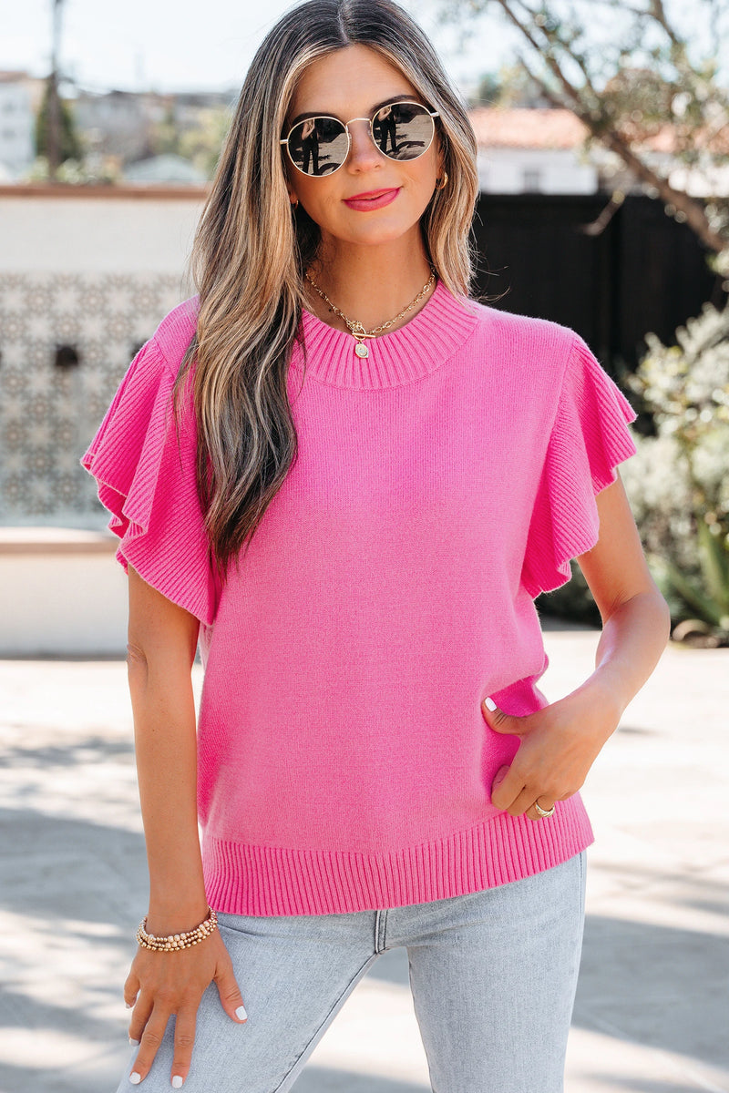Load image into Gallery viewer, DLLS579 - Ladies Pink Solid Color Ribbed Trim Round Neck Ruffle Short Sleeve Sweater
