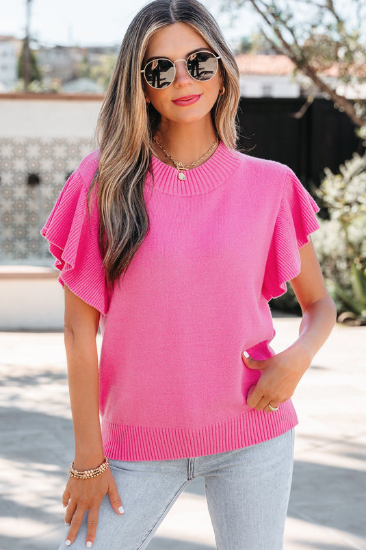 DLLS579 - Ladies Pink Solid Color Ribbed Trim Round Neck Ruffle Short Sleeve Sweater