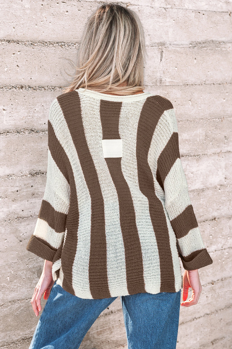 Load image into Gallery viewer, DLLS410 - Ladies Brown Stripe Colorblock V Neck Bracelet Sleeve Sweater
