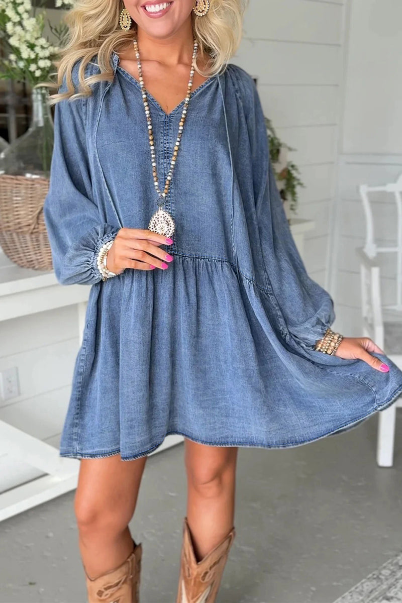 Load image into Gallery viewer, DLLS564 - Ladies Myosotis Puff Sleeve V Neck Ruffled Loose Denim Mini Dress
