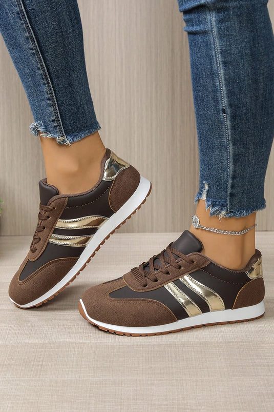 DLLSHOE 10 - Coffee Color Block PU Leather Lace Up Casual Sneakers