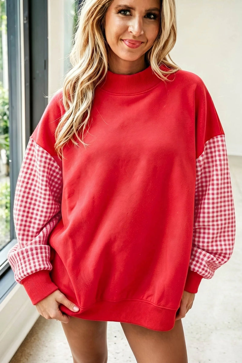 Load image into Gallery viewer, DLLS887 - Ladies Fiery Red Plaid Sleeve Colorblock Loose Tunic Sweatshirt
