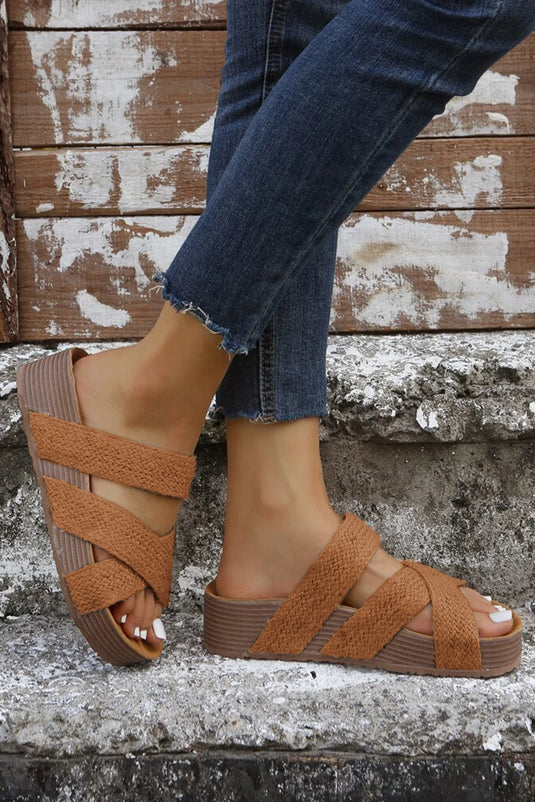 DLLSHOE 126 - Brown Woven Cross Criss Hollowed Slip-On Slippers