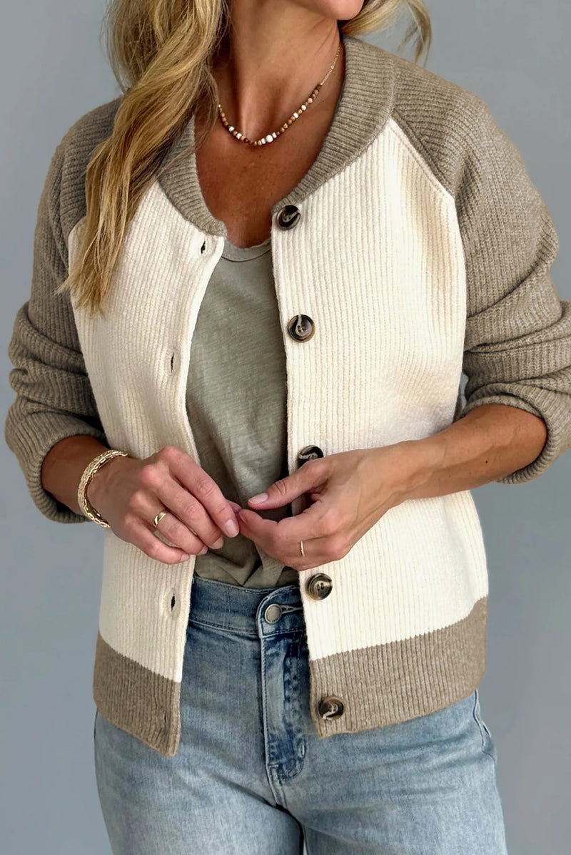 Load image into Gallery viewer, DLLS251 - Ladies White Color Block Ribbed Knit Button Down Sweater Cardigan
