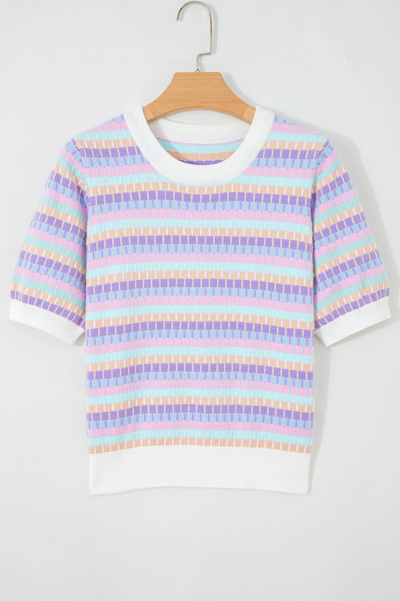 Load image into Gallery viewer, DLLS585 - Ladies Purple Abstract Striped Knit Short Sleeve Sweater
