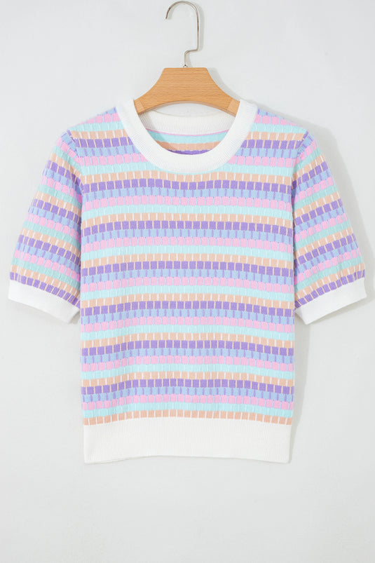 DLLS585 - Ladies Purple Abstract Striped Knit Short Sleeve Sweater