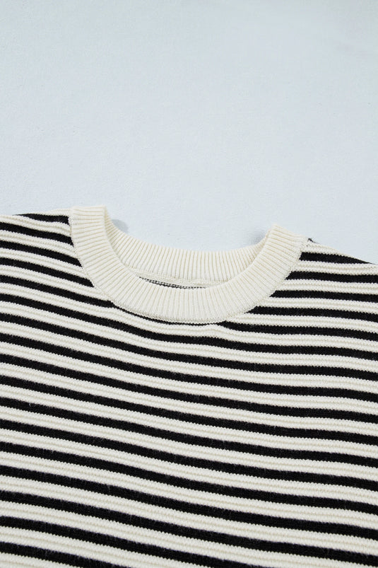 DLLS1082 - Ladies Black Stripe Ribbed Trim Drop Shoulder Oversized Sweater