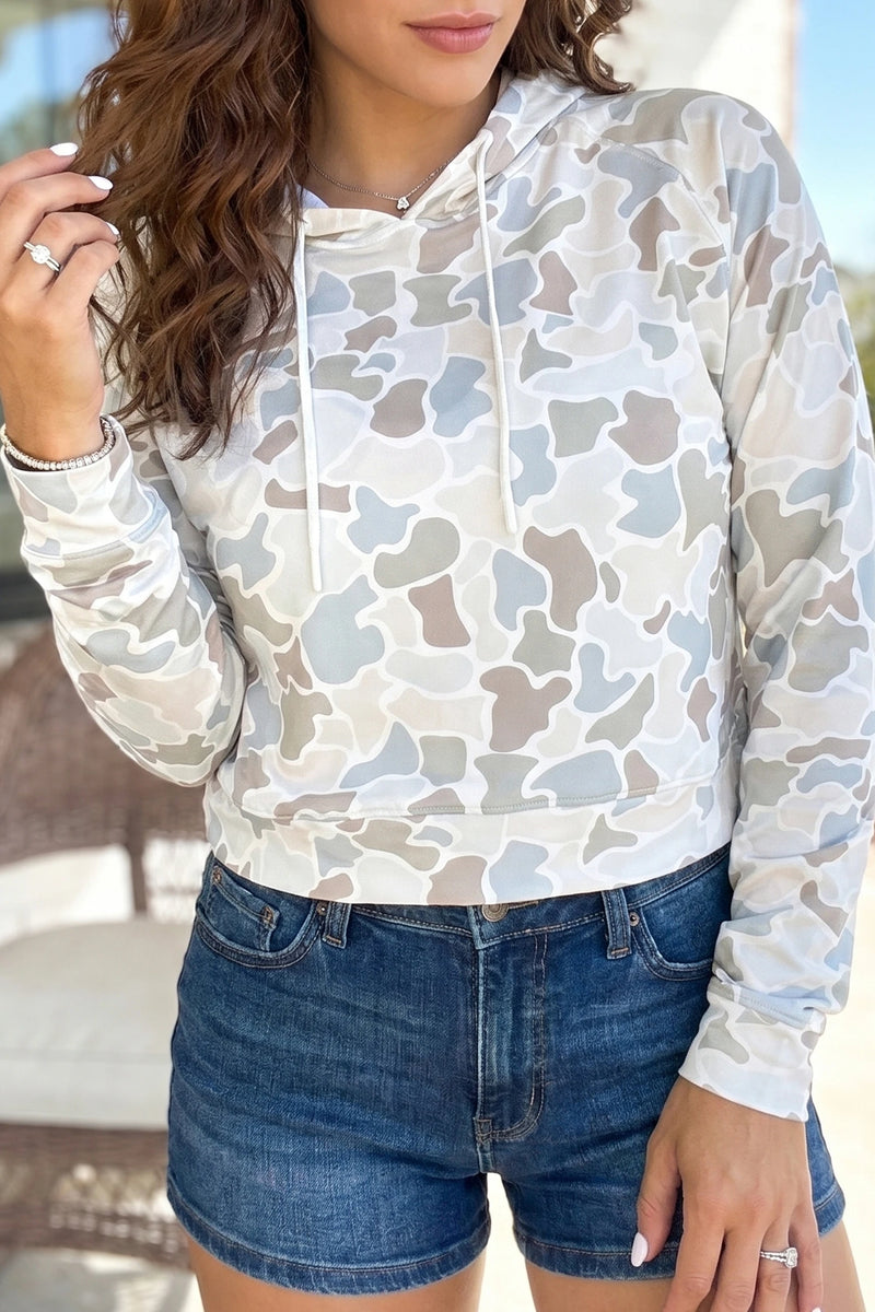 Load image into Gallery viewer, DLLS782 - Ladies Beige Camouflage Print Relaxed Drawstring Hoodie
