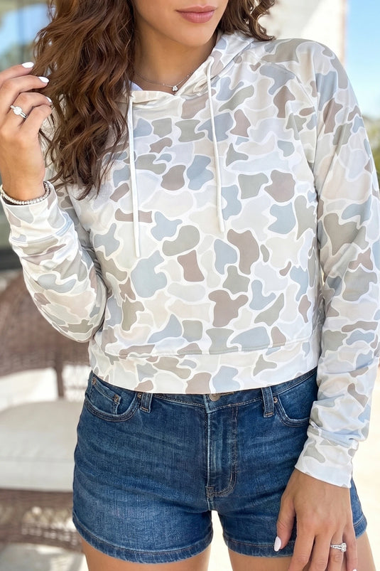 DLLS782 - Ladies Beige Camouflage Print Relaxed Drawstring Hoodie
