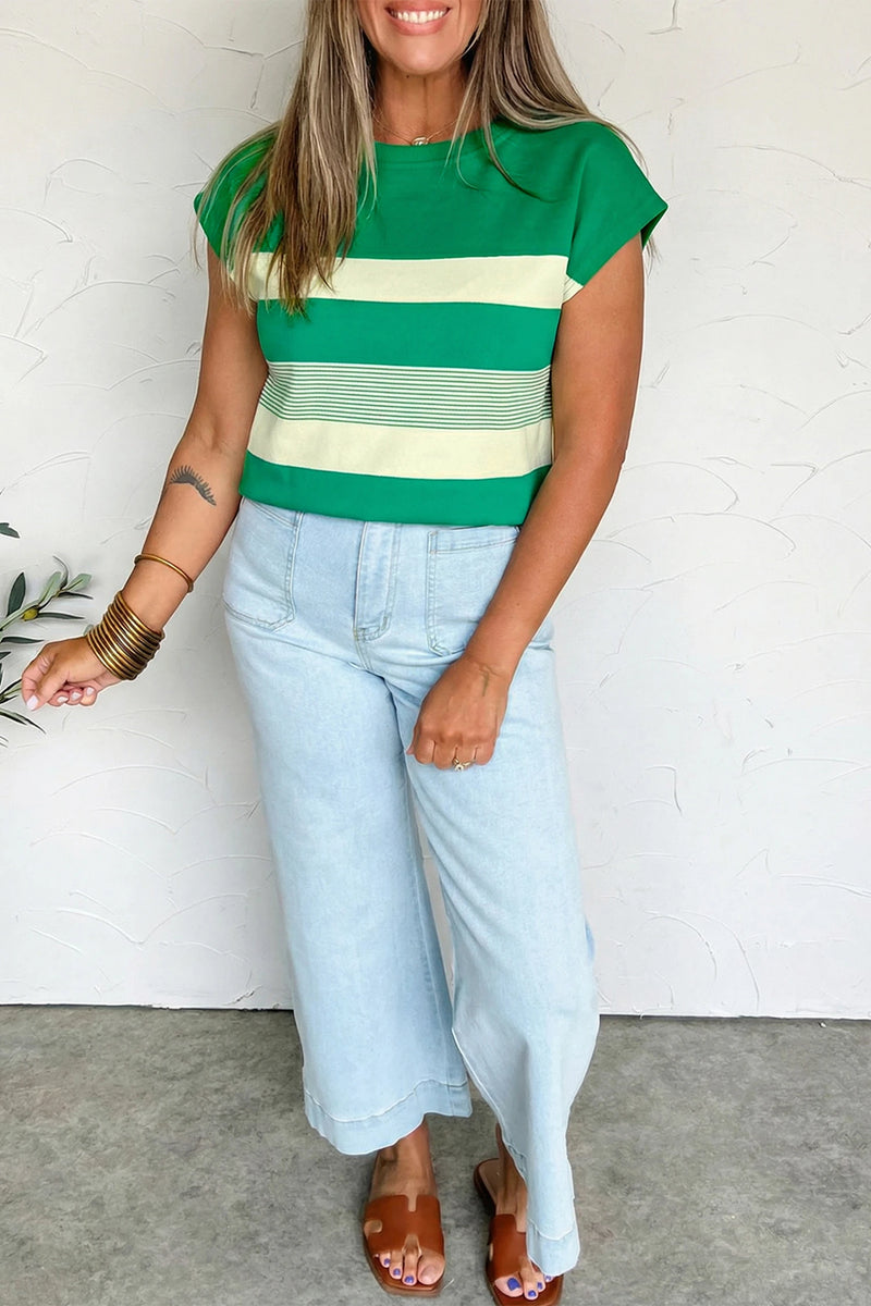 Load image into Gallery viewer, DLLS483 - Ladies Green Stripe Mixed Print Crew Neck Cap Sleeve T Shirt

