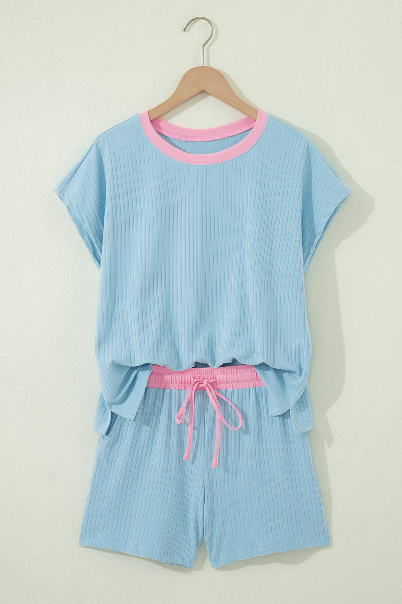 Load image into Gallery viewer, DLLS630 - Ladies Mist Blue Soft Ribbed Color Block Trim Casual Short Set
