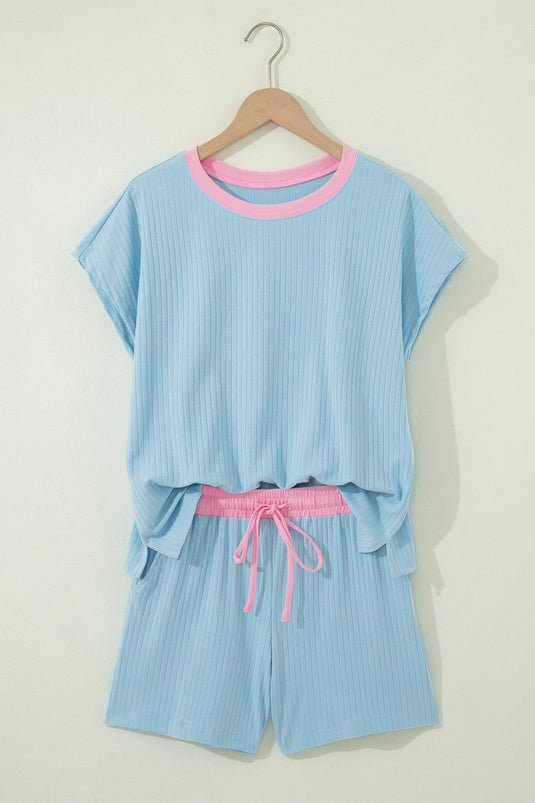 DLLS630 - Ladies Mist Blue Soft Ribbed Color Block Trim Casual Short Set