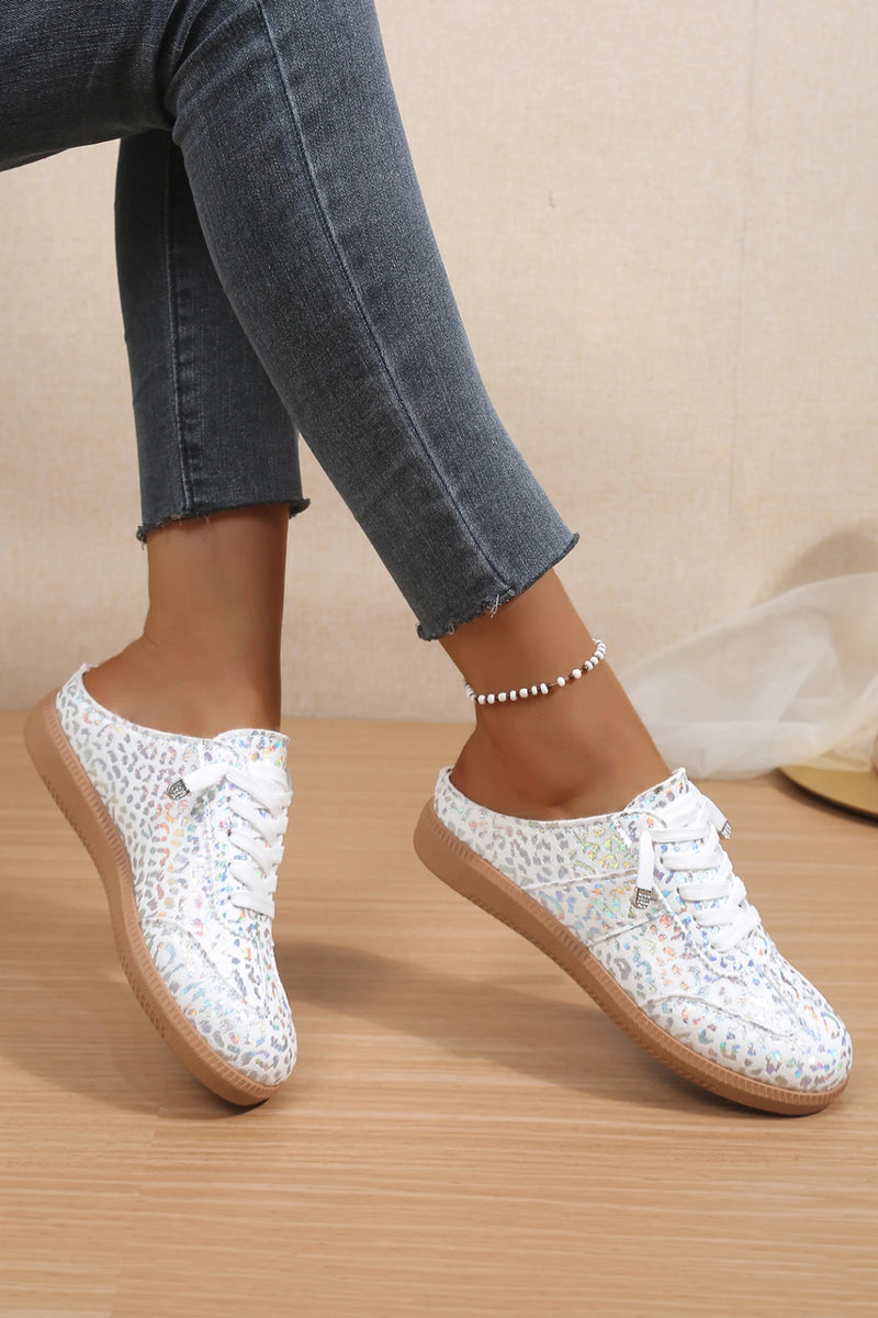 Load image into Gallery viewer, DLLSHOE 87 - White Shiny Leopard Print Lace Up Slip On Shoes
