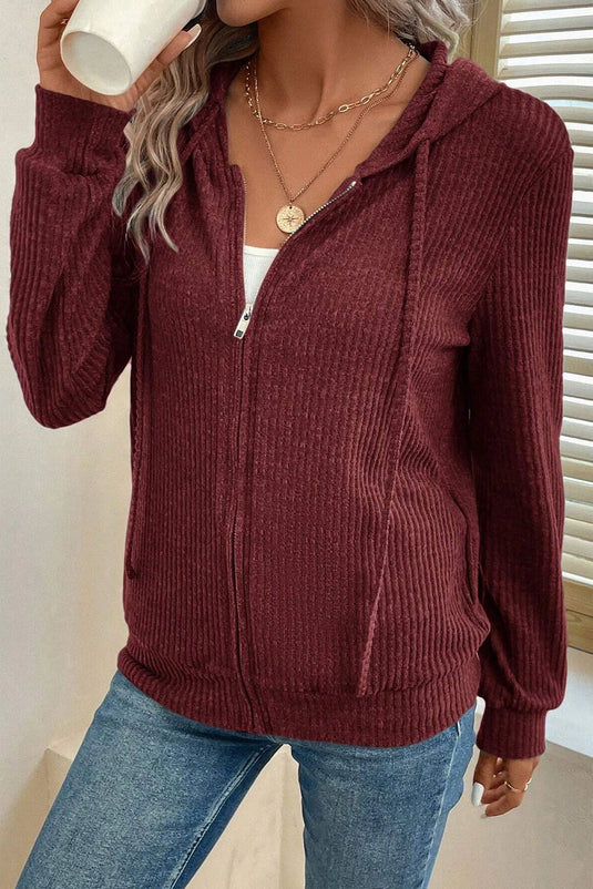 DLLS157 - Ladies Red Dahlia Ribbed Zip Up Front Drawstring Hoodie