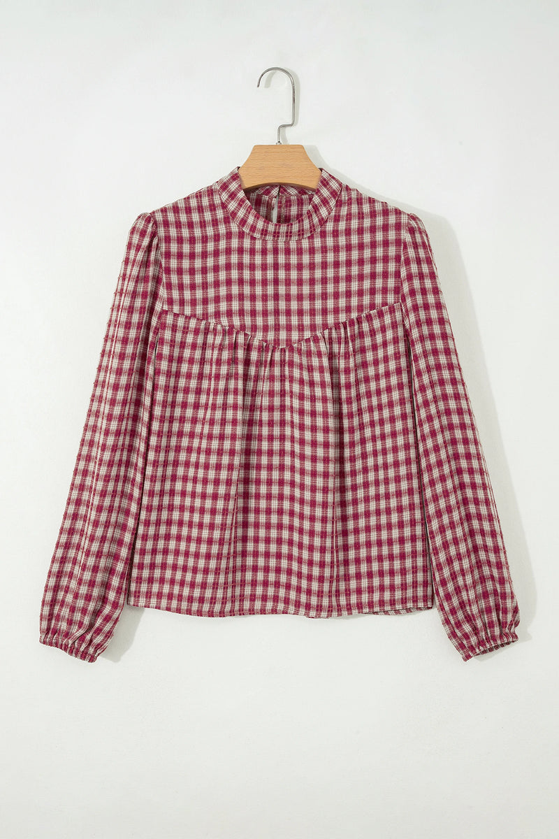 Load image into Gallery viewer, DLLS784 - Ladies Coral Country Plaid Long Sleeve Button Keyhole Pleated Loose Blouse

