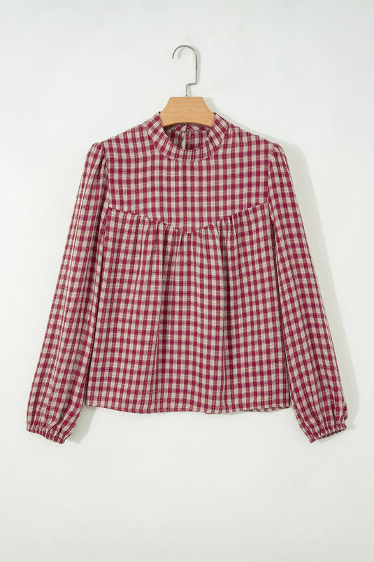 DLLS784 - Ladies Coral Country Plaid Long Sleeve Button Keyhole Pleated Loose Blouse