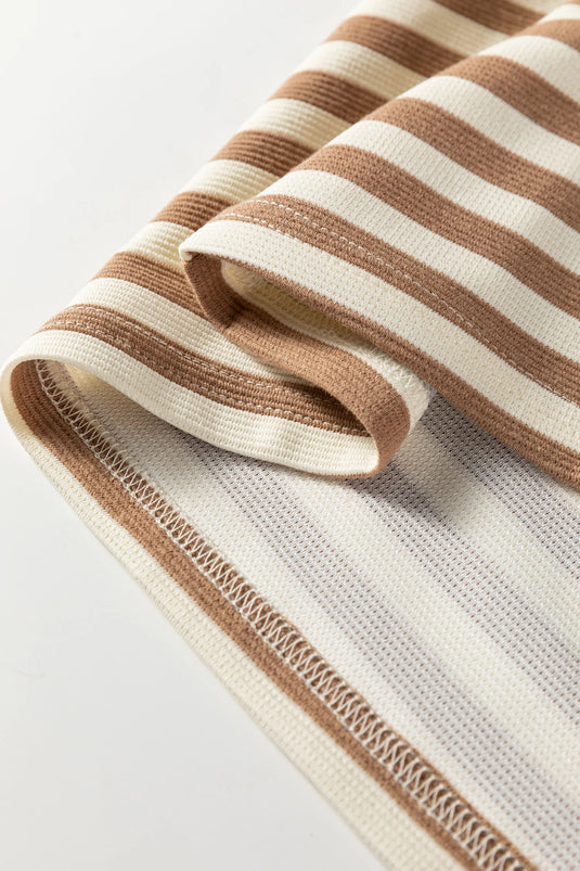 DLLS416 - Ladies Brown Stripe Short Puff Sleeve Contrast Trim Round Neck Tee