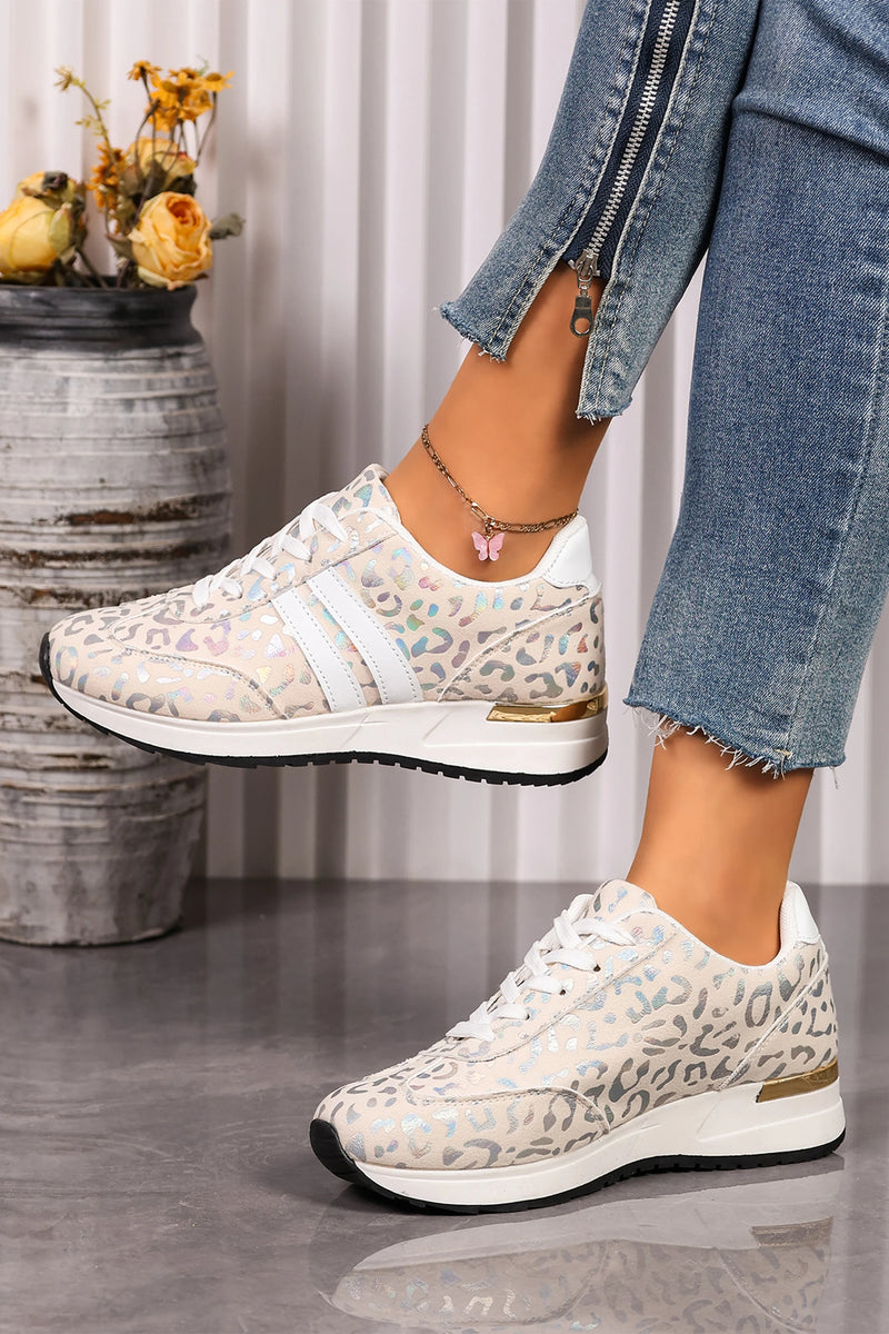 Load image into Gallery viewer, DLLSHOE 197 - White Leopard Print Lace-Up Low-Top Sneakers with Rubber Sole
