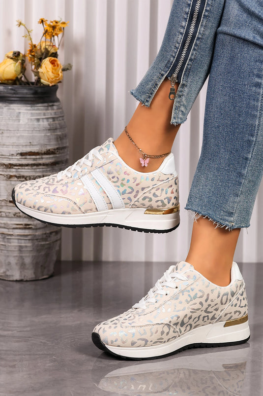 DLLSHOE 197 - White Leopard Print Lace-Up Low-Top Sneakers with Rubber Sole