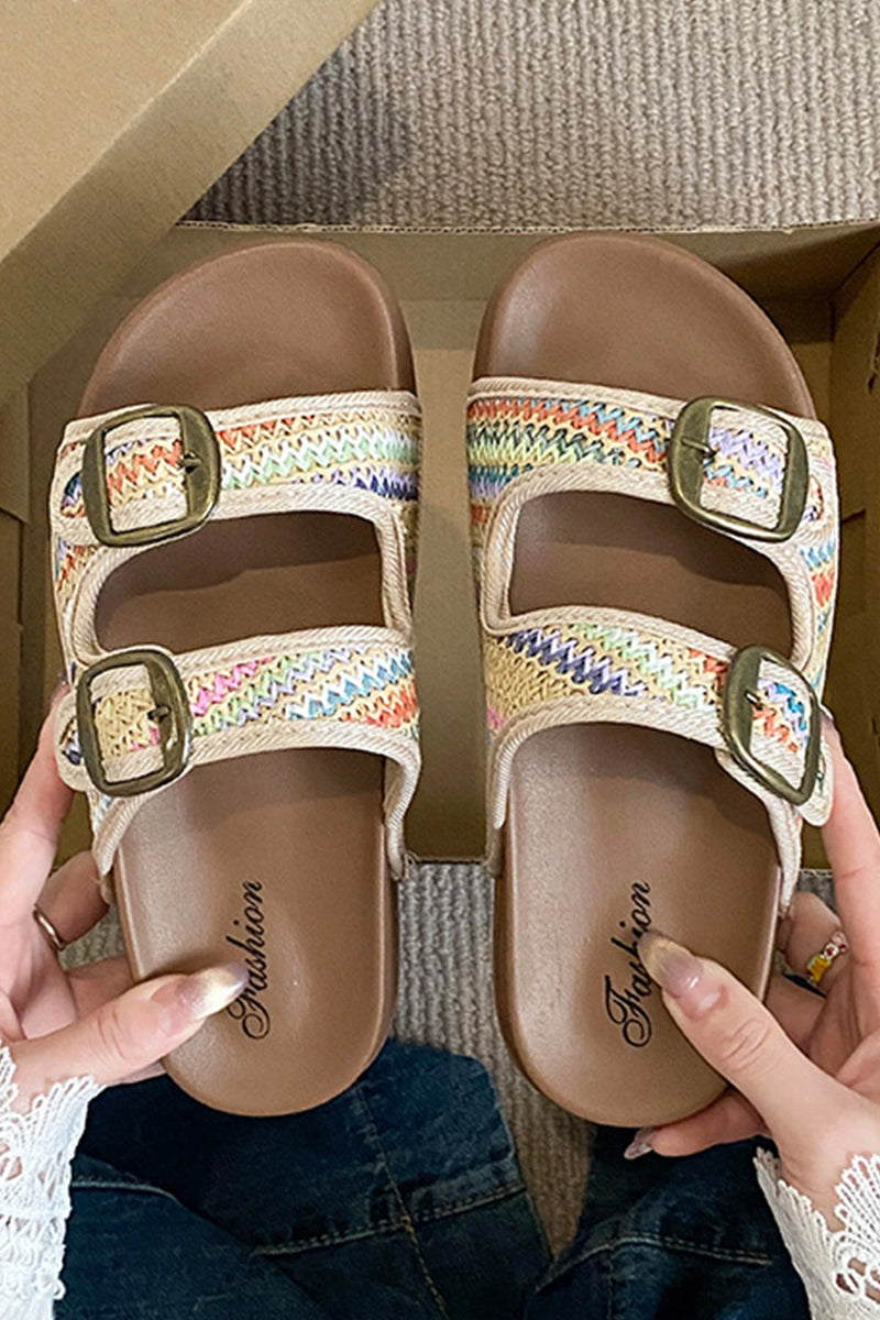 Load image into Gallery viewer, DLLSHOE 108 - Khaki Boho Vacation Woven Buckle Cutout Low-Top Slippers
