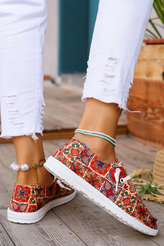 DLLSHOE 190 - Fiery Red Western Printed Lacing Flat Slip On Shoes