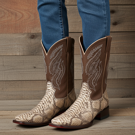CP1705 - Cowboy Prayer Hand Crafted Natural Python Print Cowboy Boots