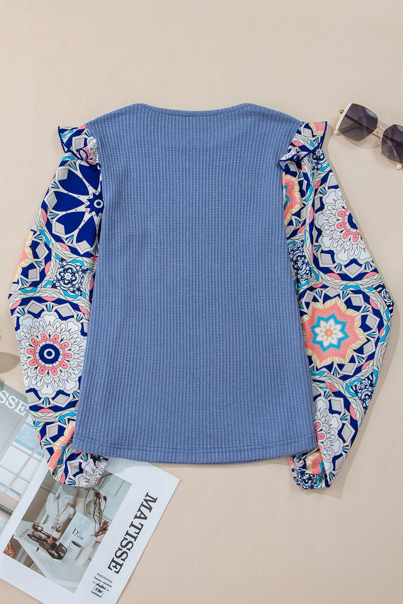 Load image into Gallery viewer, DLLS320 - Ladies Ashleigh Blue Ruffled Floral Sleeve Patchwork Waffle Knit O Neck Blouse
