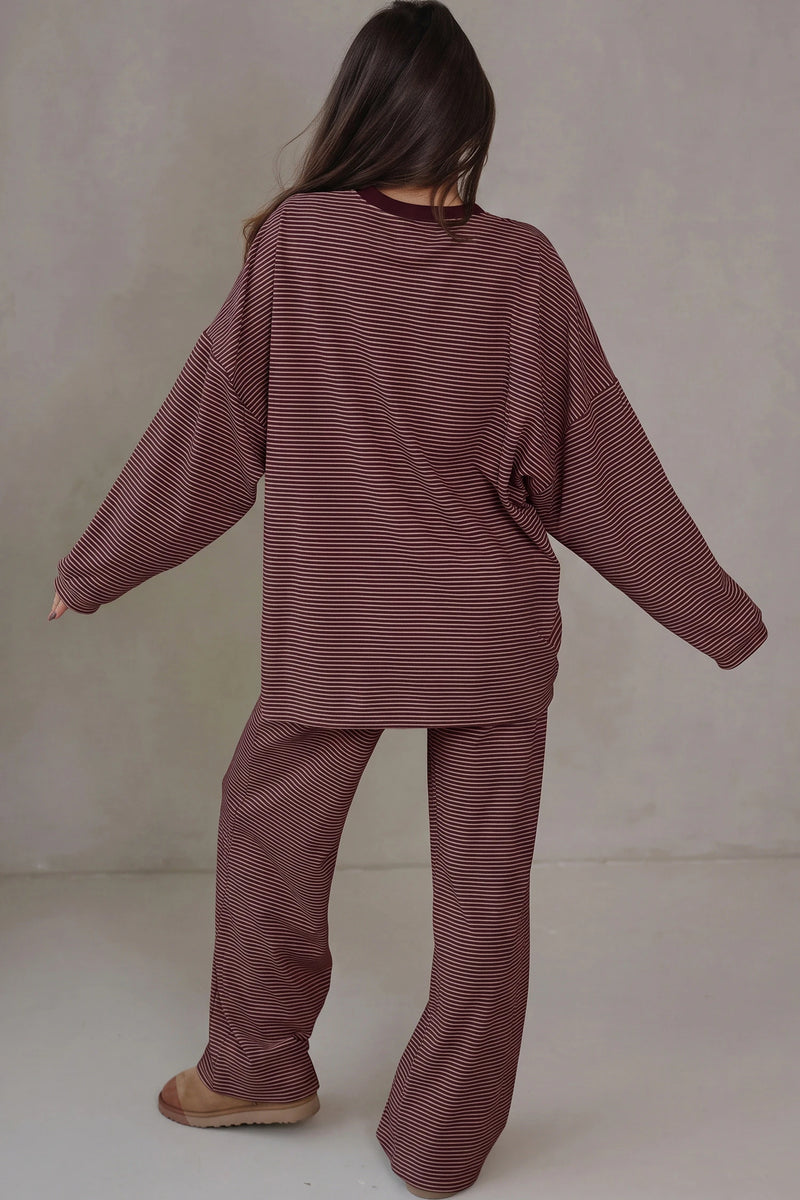 Load image into Gallery viewer, DLLS1048 - Ladies Brown Stripe Trim Round Neck Oversize Long Sleeve Top 2pcs Pant Set
