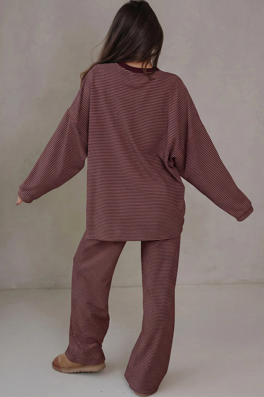 DLLS1048 - Ladies Brown Stripe Trim Round Neck Oversize Long Sleeve Top 2pcs Pant Set