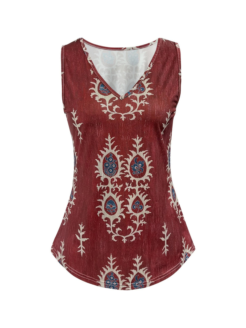 Load image into Gallery viewer, TMTSHT129 - Ladies Dark Red Boho Print Sleeveless Shirt
