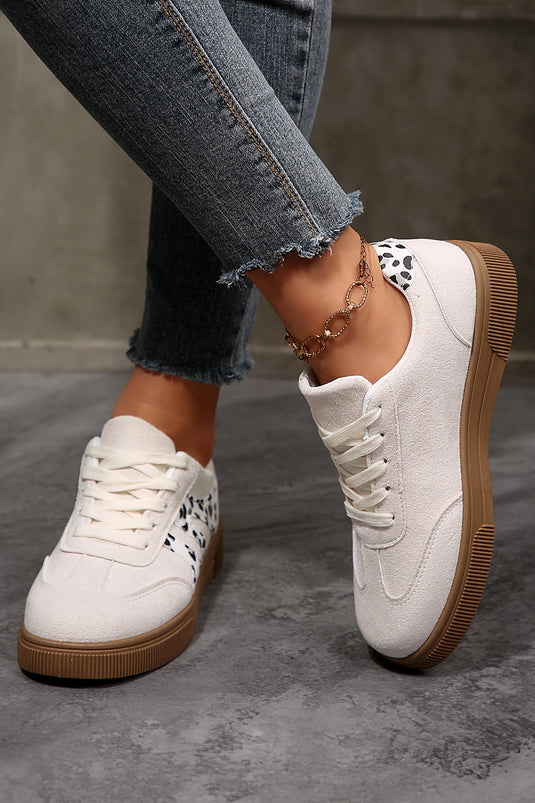 DLLSHOE 82 - White Suede Leopard Color Block Trim Lace-up Casual Shoes