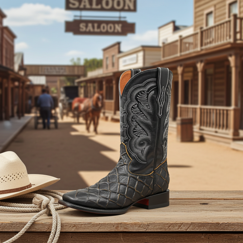 Load image into Gallery viewer, CP1702 - Cowboy Prayer Pirarucu Print w/Yellow Underlay Cowboy Boots

