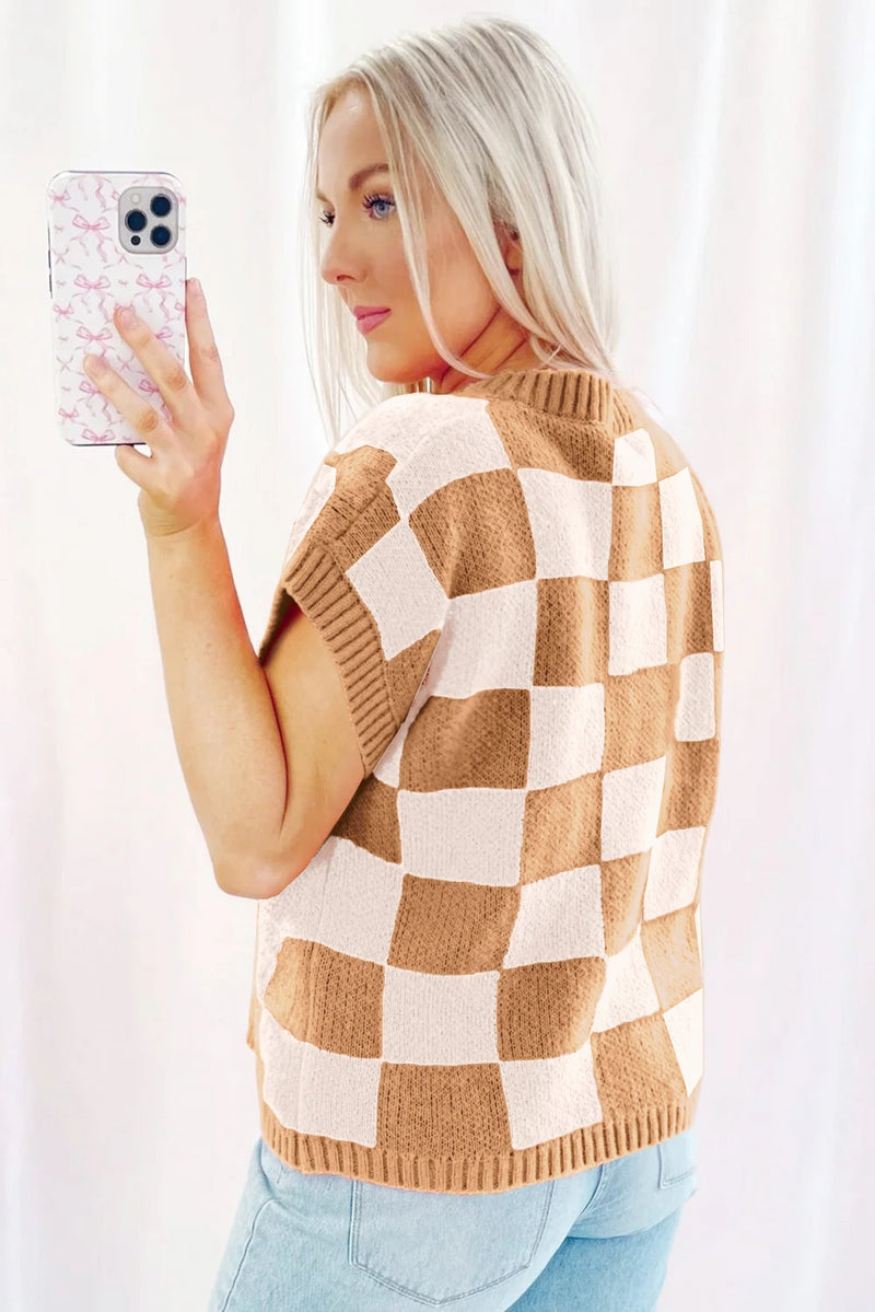 Load image into Gallery viewer, DLLS504 - Ladies Light Beige Colorblock Plaid Ribbed Trim Sweater Tank Top
